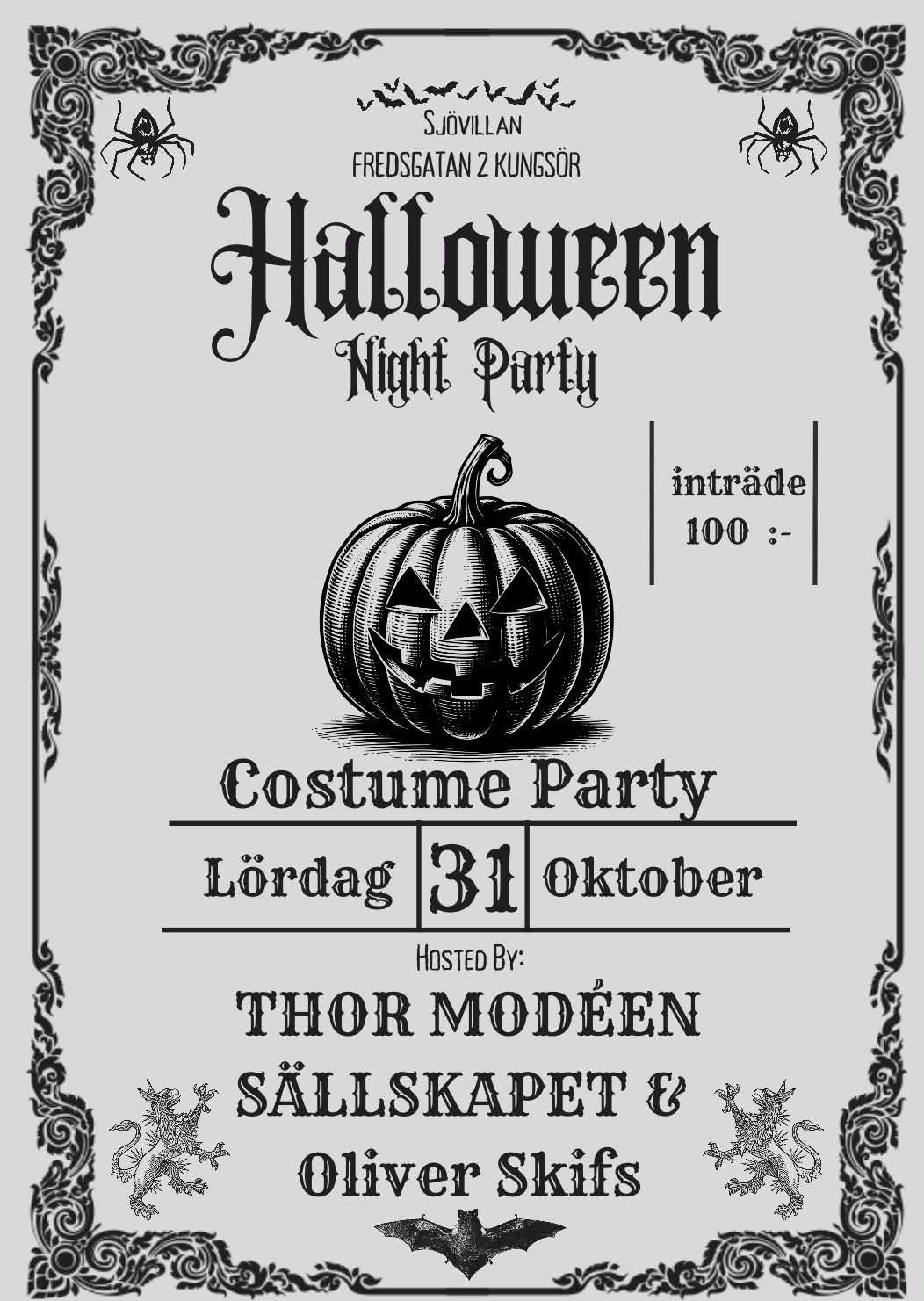 Affisch för Halloween Night Party på Sjövillan i Kungsör lördagen den 31 oktober, inträde 100 kronor och tema Costume Party