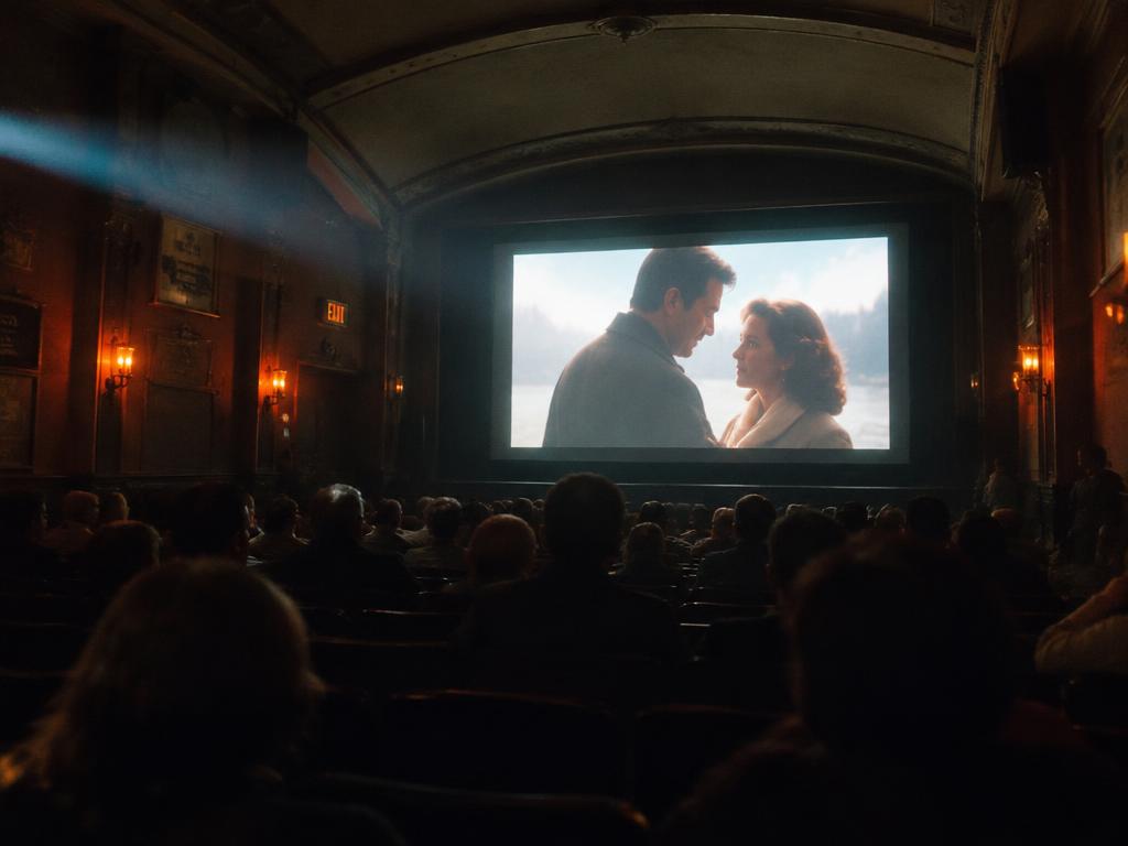 Filmvisning på storbildsskärm framför publik
